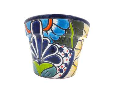 Mexican Talavera Maceta De Granja Planter Pot - Hand Painted with Dark Blue Trim